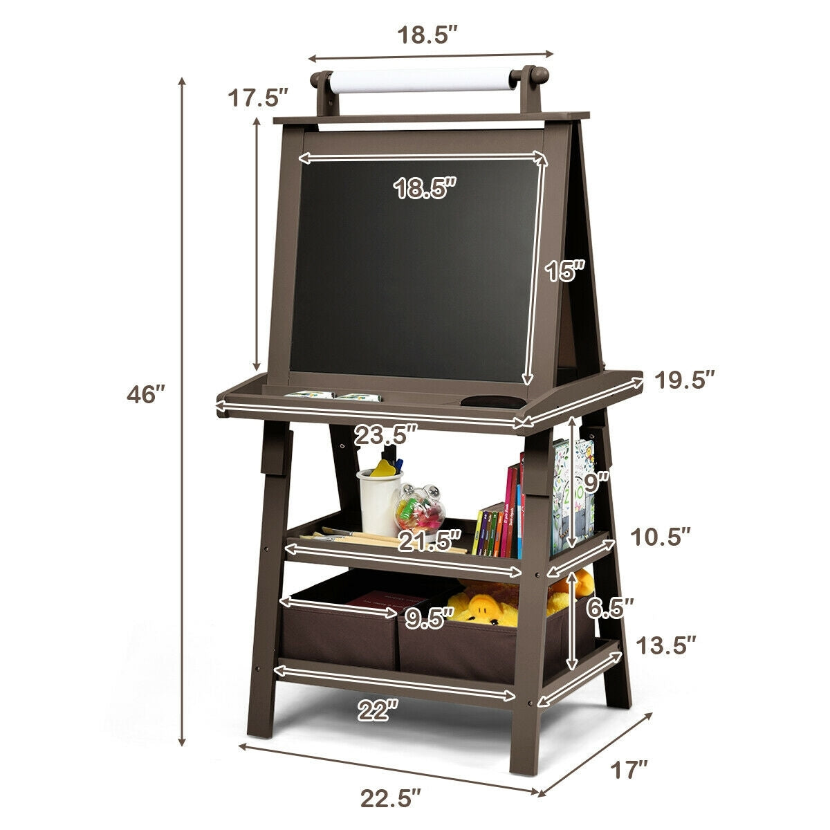 3 in 1 Double-Sided Storage Art Easel-Brown - Color: Brown - Minihomy