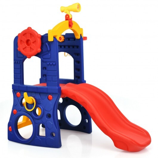 6-in-1 Freestanding Kids Slide with Basketball Hoop and Ring Toss - Color: Multicolor - Minihomy