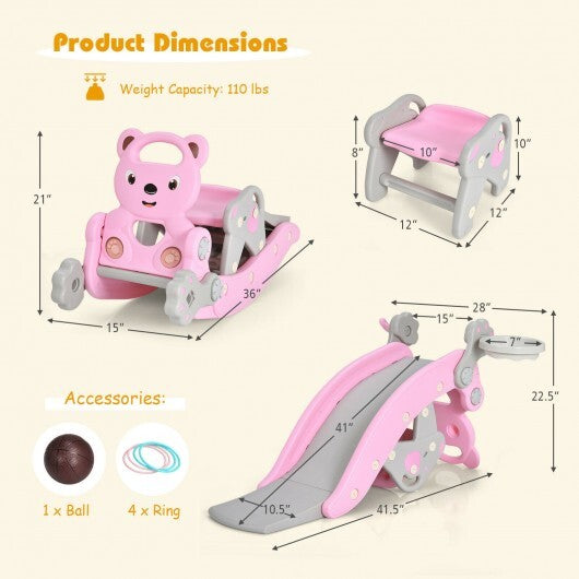 4-in-1 Toddler Slide and Rocking Horse Playset with Basketball Hoop-Pink - Color: Pink - Minihomy