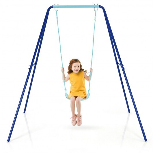 Outdoor Kids Swing Set with Heavy-Duty Metal A-Frame and Ground Stakes-Blue