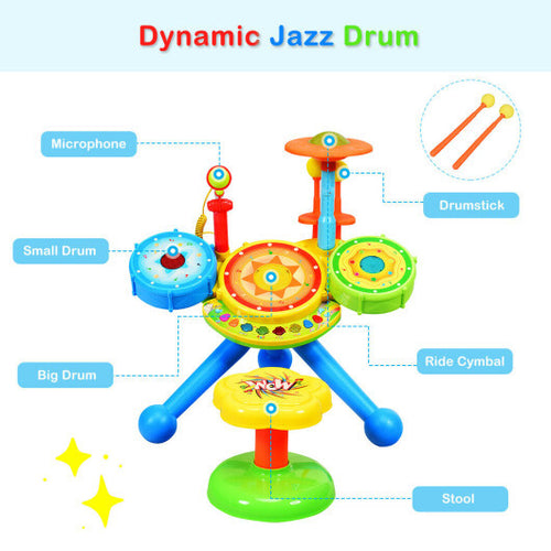 Kids Electric Jazz Drum Set with Stool Microphone and LED Light