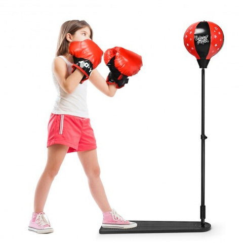 Kids Punching Bag with Adjustable Stand and Boxing Gloves - Color: Black & Red