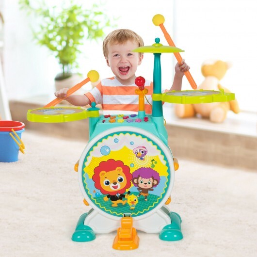 3 Pieces Electric Kids Drum Set with Microphone Stool Pedal - Color: Green - Minihomy