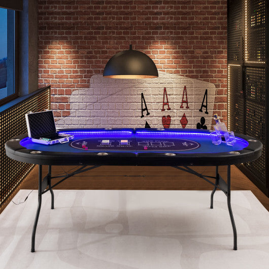 Foldable 10-Player Poker Table with LED Lights and USB Ports Ideal for Texas Casino-Blue - Minihomy