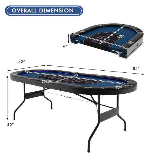 Foldable 10-Player Poker Table with LED Lights and USB Ports Ideal for Texas Casino-Blue - Minihomy