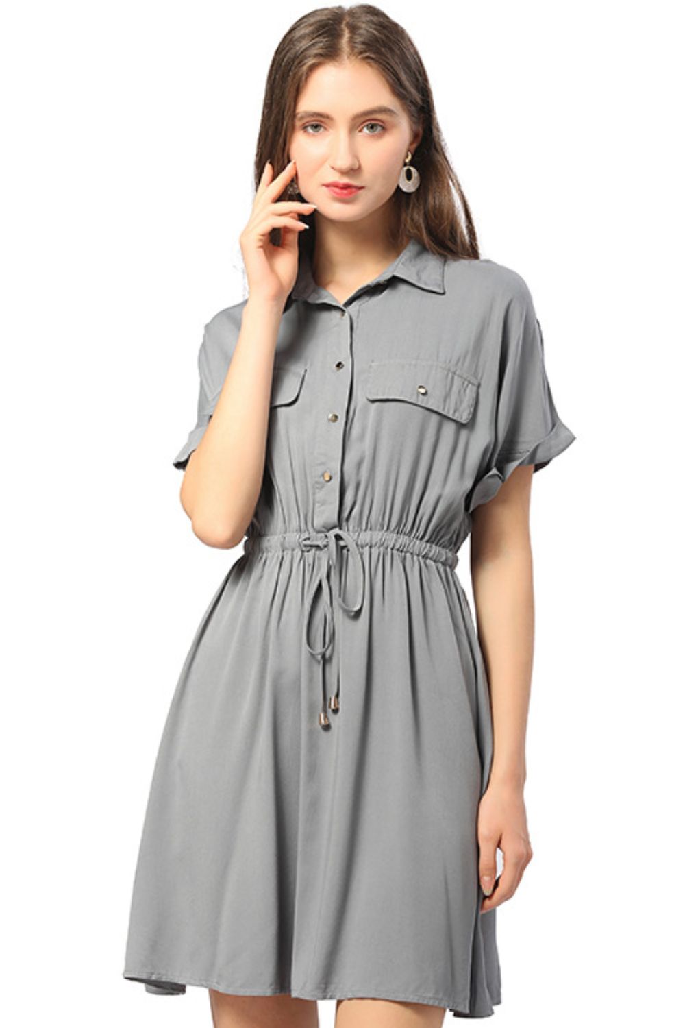 Half Button Drawstring Waist Short Sleeve Shirt Dress - Minihomy