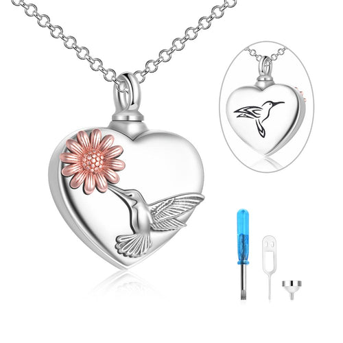 Hummingbirds Urn Necklace for Ashes Sterling Silver Sunflower Memorial Necklace Cremation Jewellery