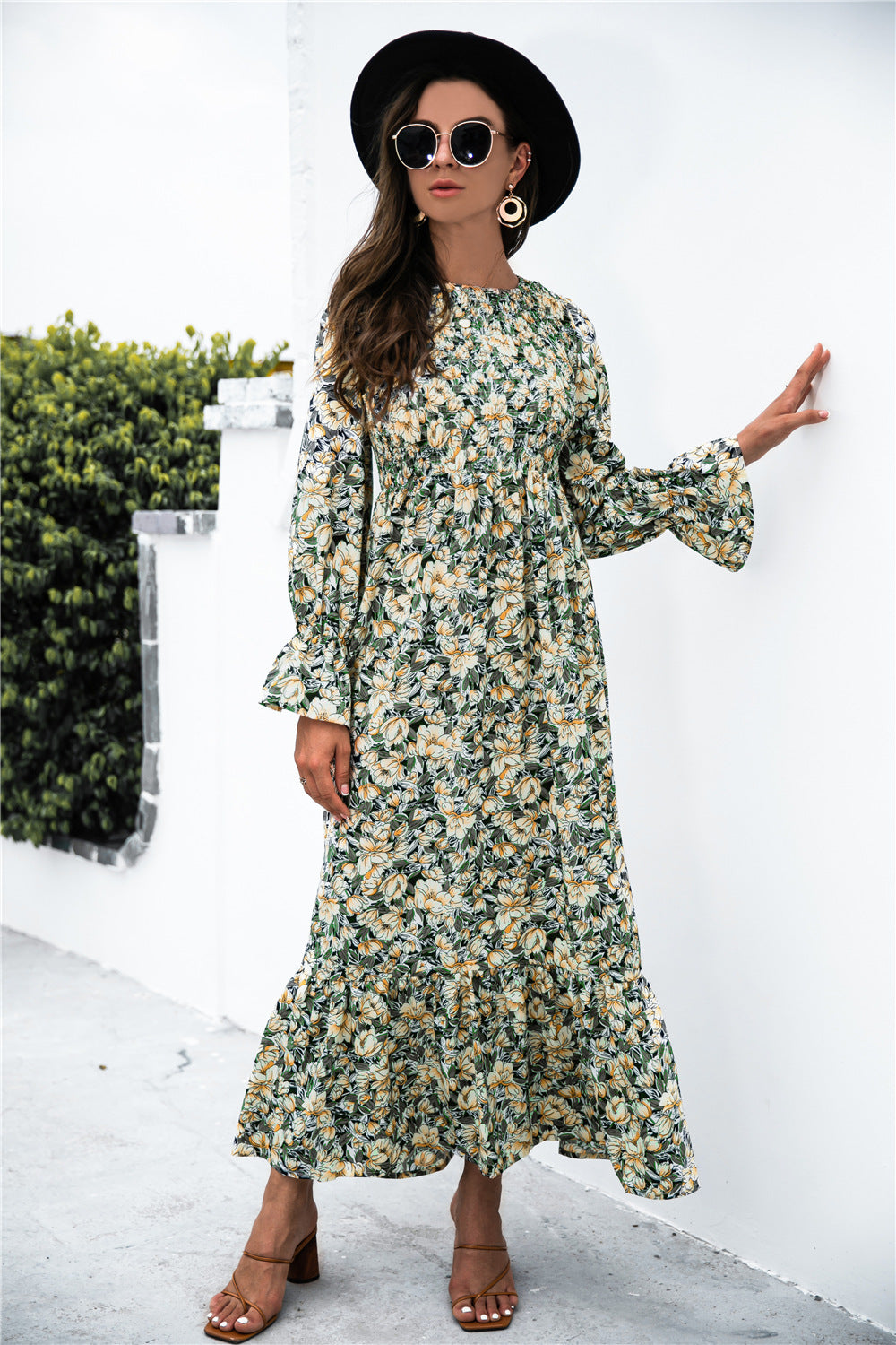 Printed Puff Sleeve Ruffle Maxi Dress - Minihomy