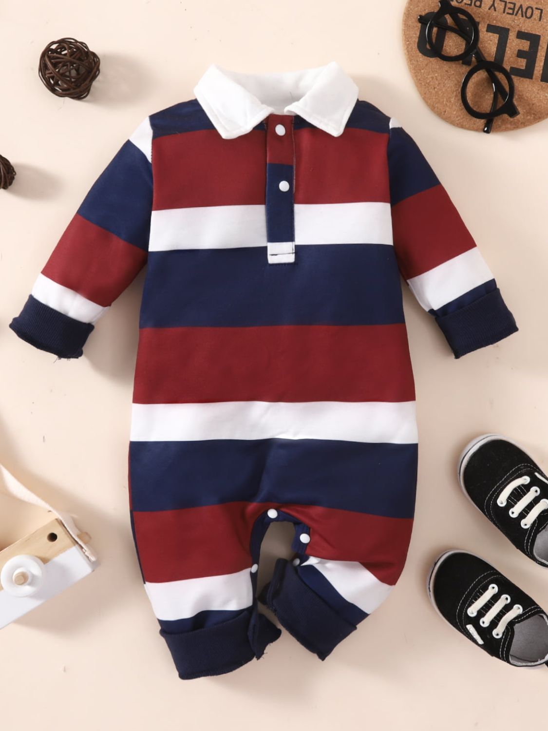 Baby Striped Collared Neck Jumpsuit - Minihomy