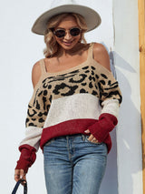 Leopard Print Color Block Square Neck Sweater