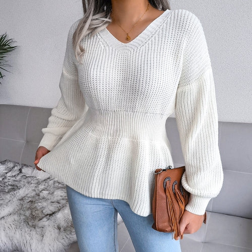 V-Neck Rib-Knit Peplum Sweater