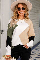 Color Block Ribbed Trim Round Neck Sweater