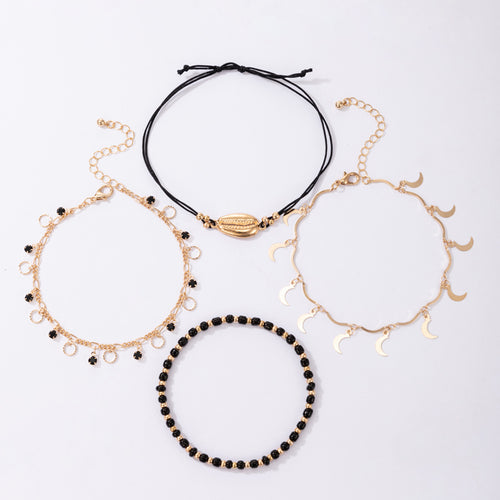 Hollow Anklet Shell Black Rice Bead Circle Multi-layer 4-piece