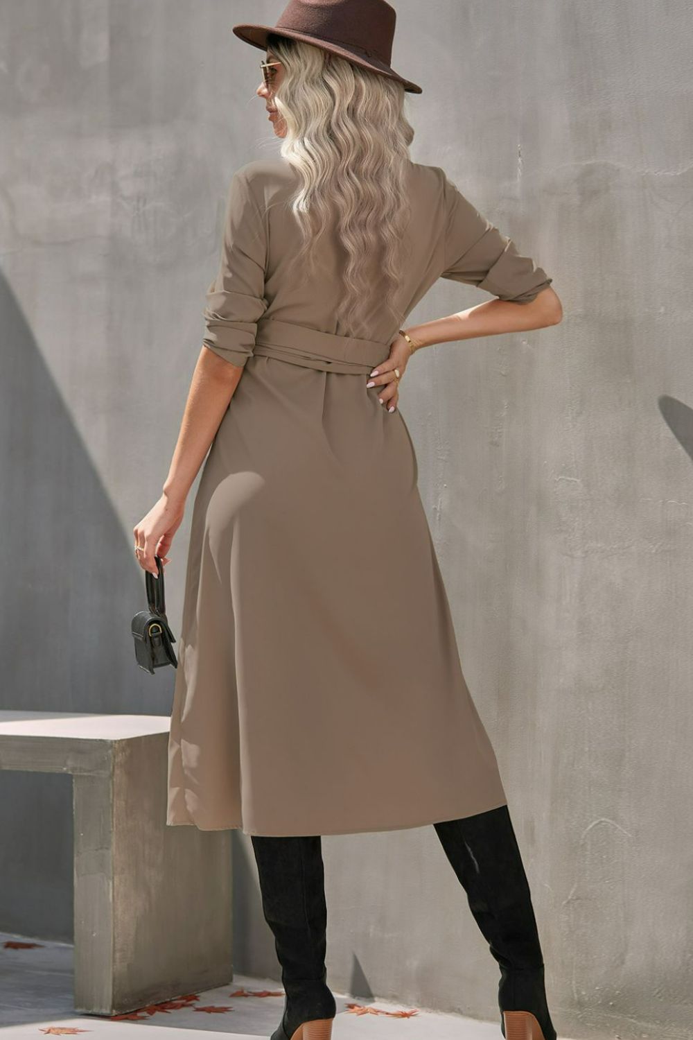 Collared Neck Tie Waist Midi Shirt Dress - Minihomy