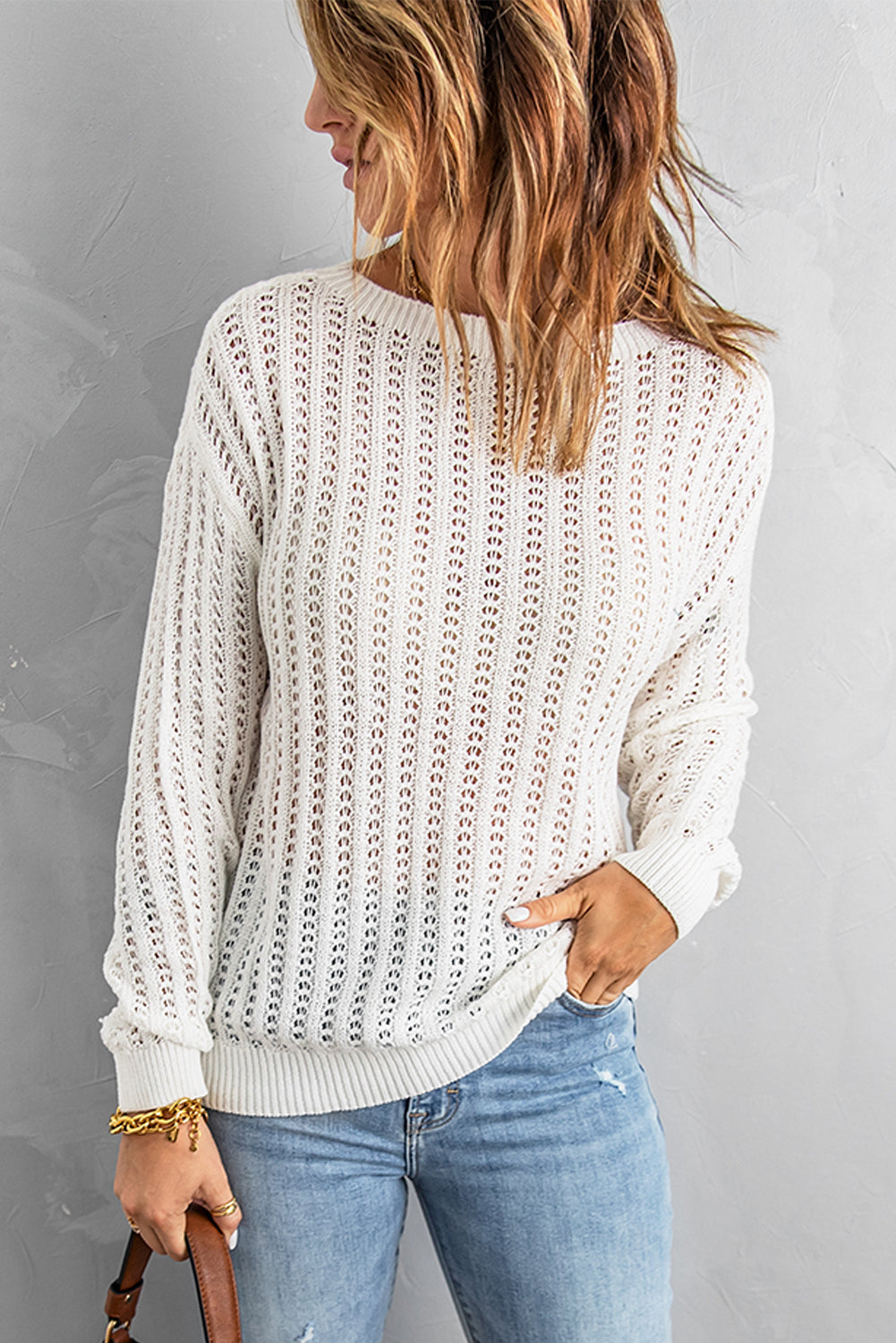 Dropped Shoulder Openwork Sweater - Minihomy