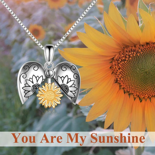 Sterling Silver Sunflower Locket Love Heart Necklace You Are My Sunshine Engraved Pendant Necklaces