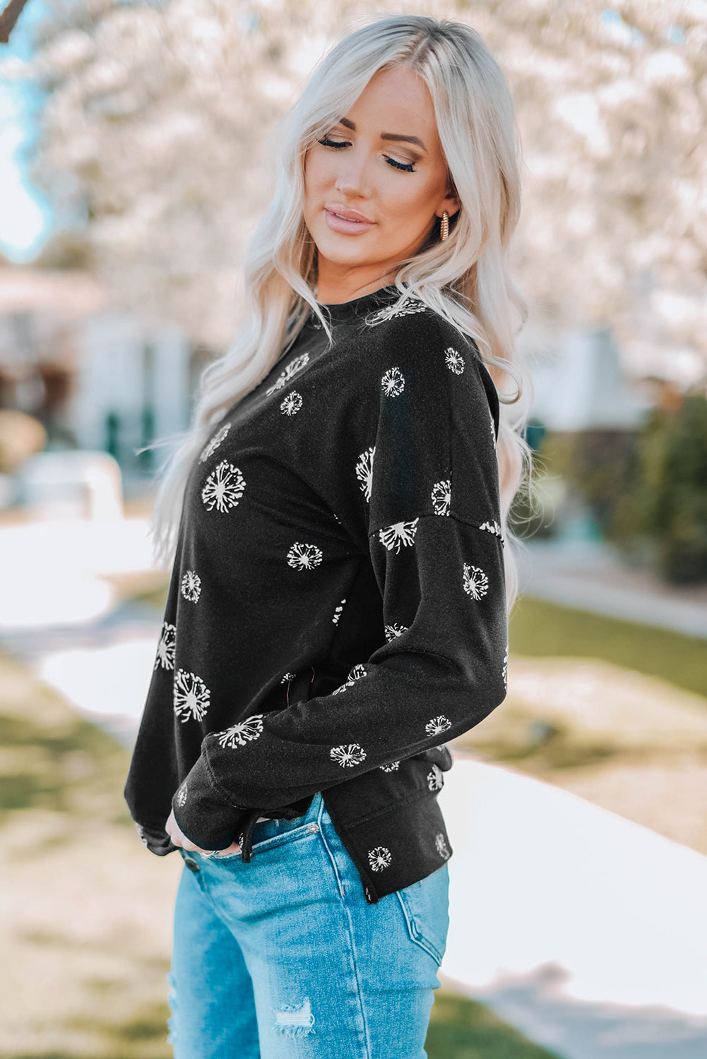 Dandelion Print Round Neck Slit Sweatshirt - Minihomy