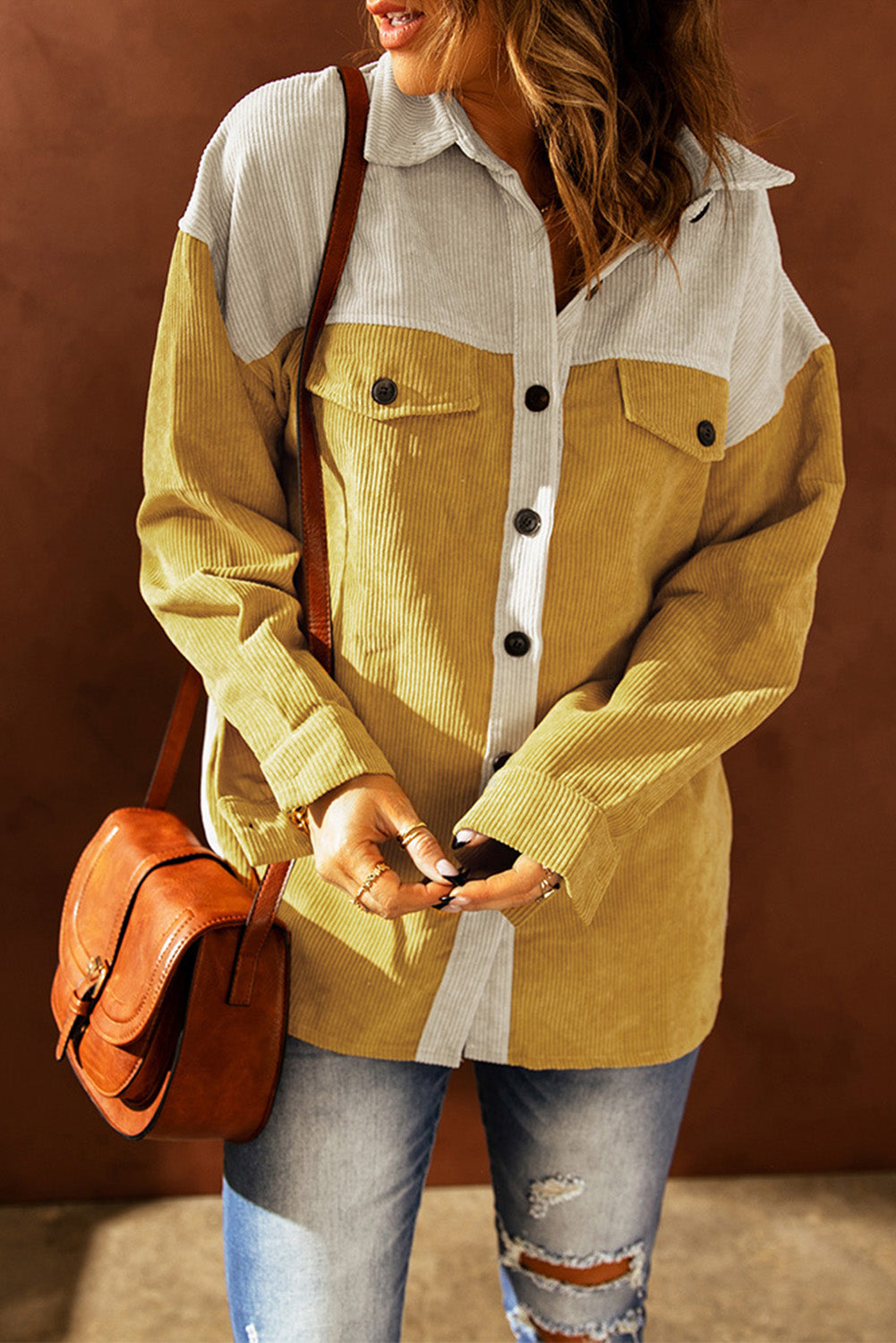 Color Block Button Front Corduroy Shirt Jacket