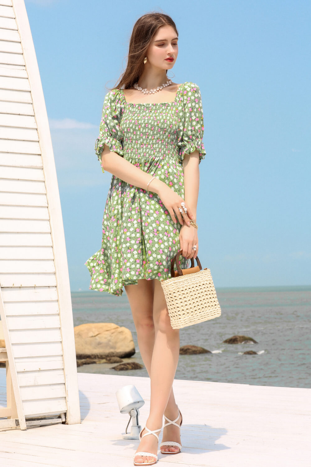 Floral Flounce Sleeve Square Neck Dress - Minihomy