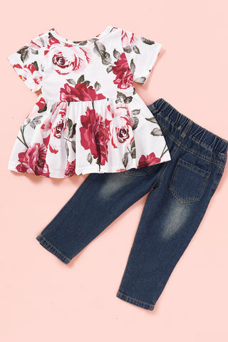 Girls' Floral Top and Jeans Set