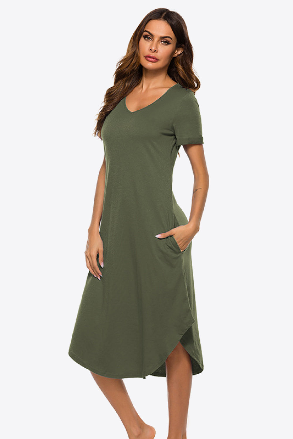 Curved Hem V-Neck T-Shirt Pocket Dress - Minihomy