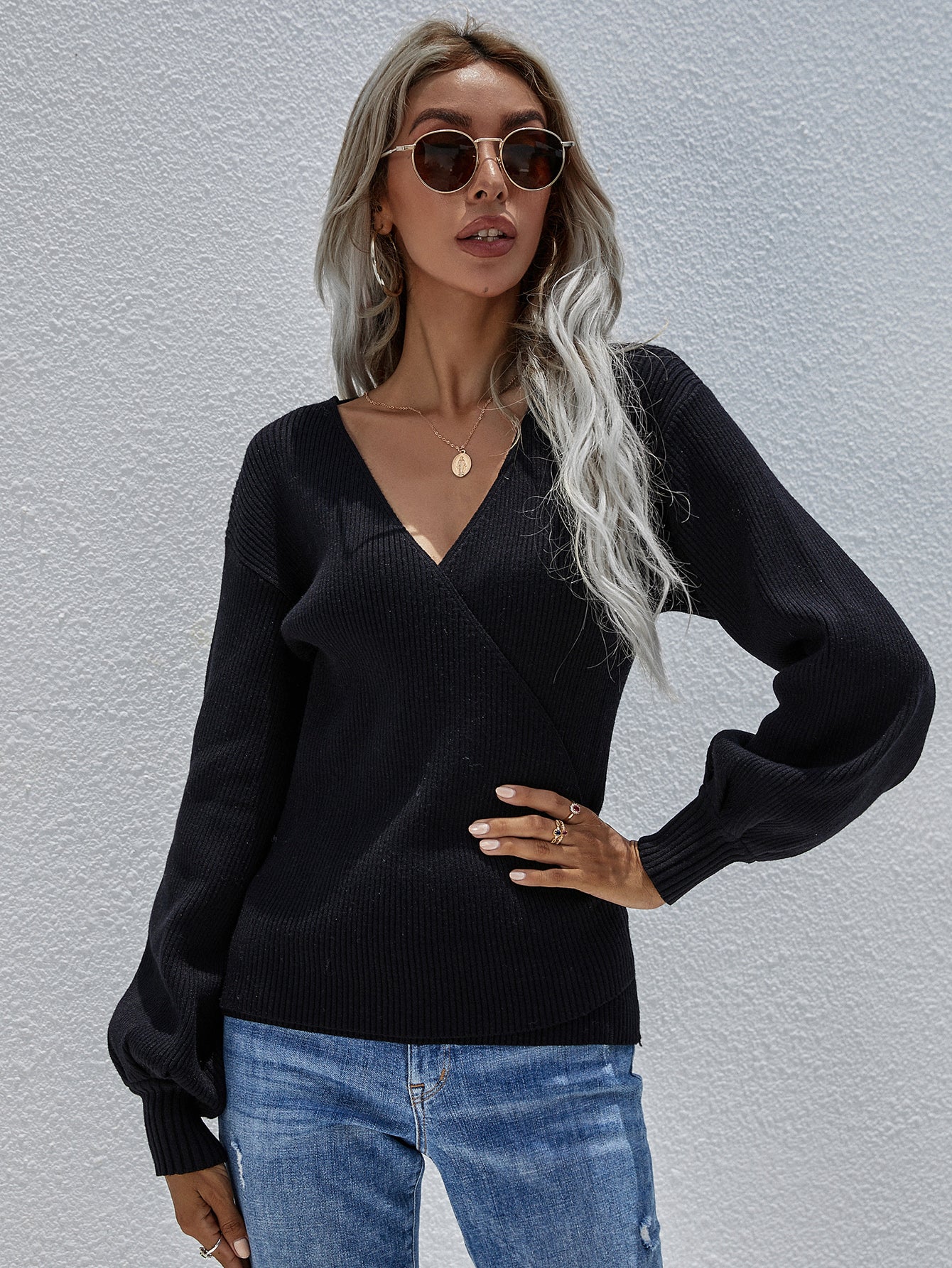 Lantern Sleeve Surplice Sweater