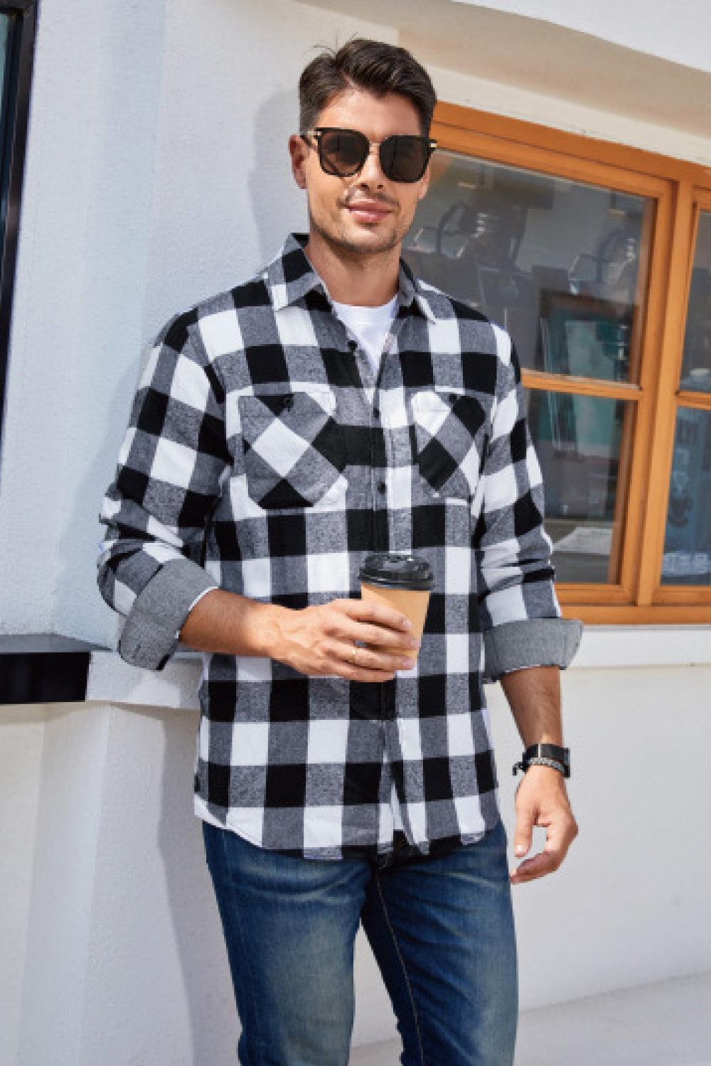 Plaid Button Front Long Sleeve Shirt with Breast Pockets - Minihomy