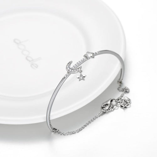 Sterling Silver Moon  Star Bangle Bracelet Embellished with Crystals from Austria