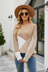 Color Block Rib-Knit Round Neck Sweater