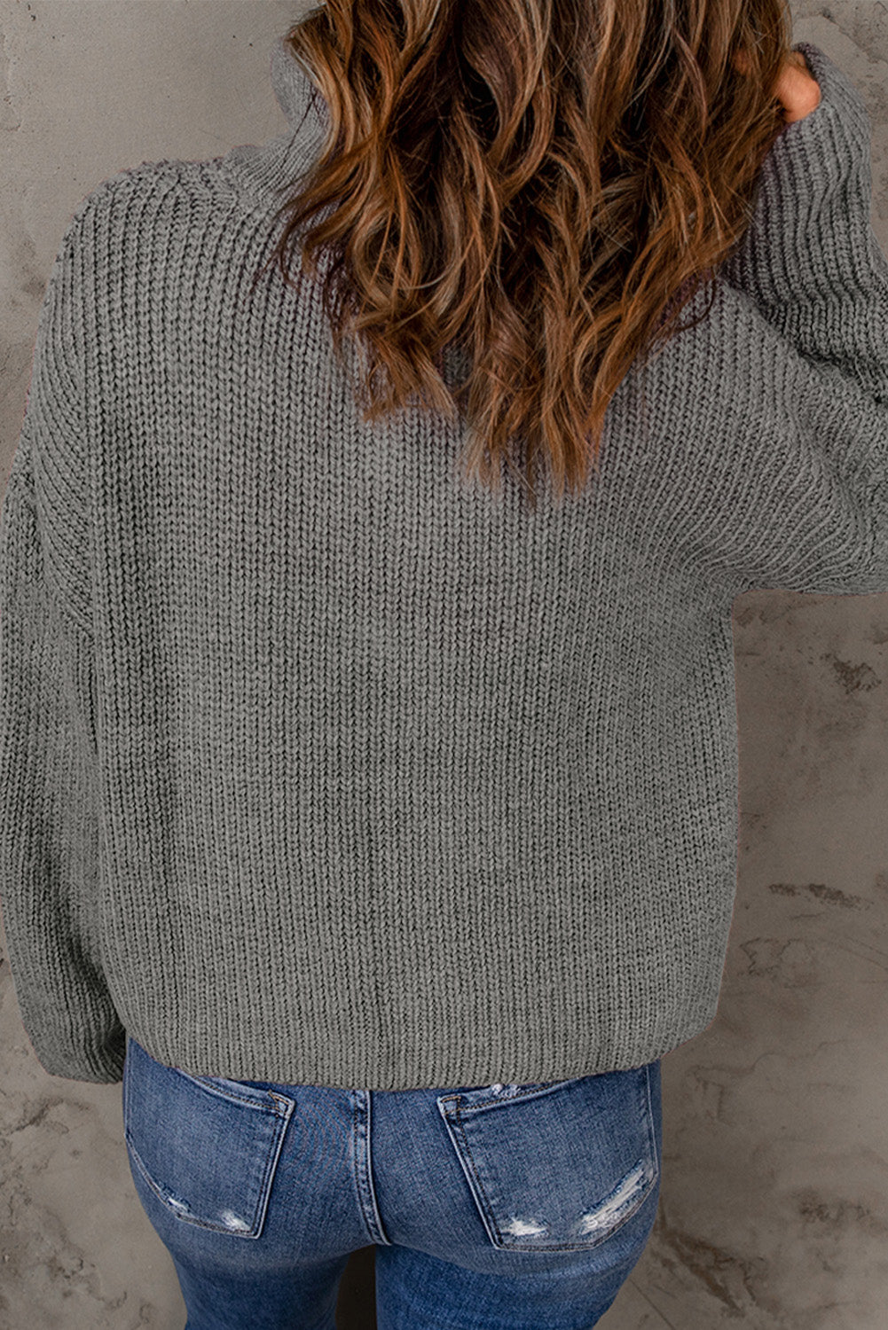 Half Zip Rib-Knit Dropped Shoulder Sweater - Minihomy