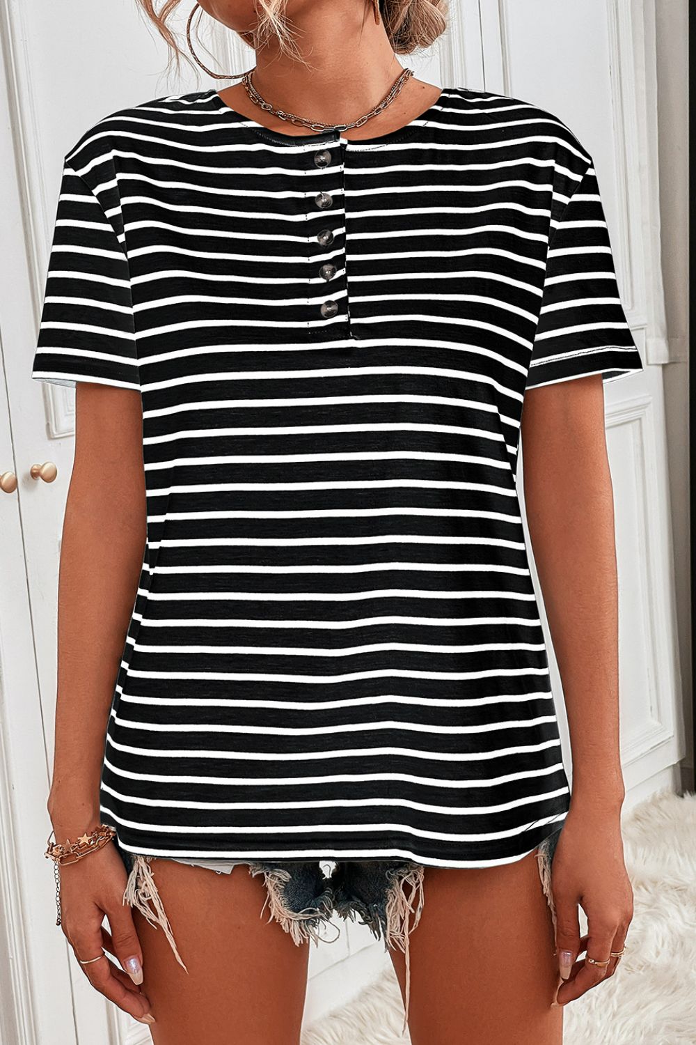 Striped Quarter Button Tee Shirt