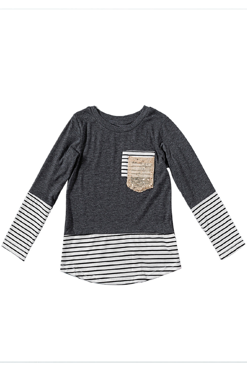 Girls Striped Color Block Sequin Pocket Top - Minihomy