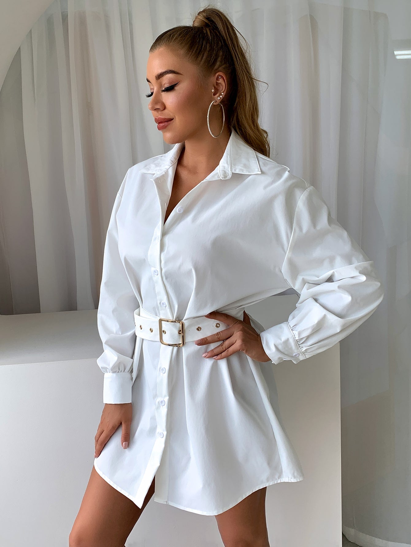 Dropped Shoulder Belted Shirt Dress