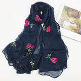 Embroidered Flower Rose Chiffon Ethnic Wind Sunscreen Shawl Beach Gauze Silk Scarf