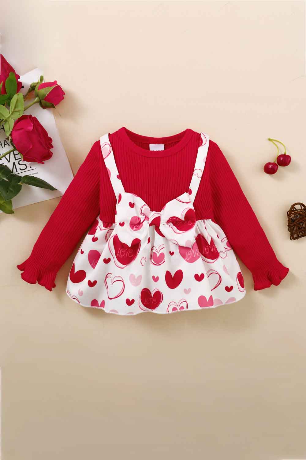 Girls Heart Print Bow Detail Sweater and Flare Pants Set - Minihomy