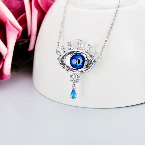s925 Sterling Silver Evil Eye Delicate Eye with Blue Crystal Pendant Necklace