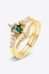 10K Gold-Plated Moss Agate Two-Piece Ring Set