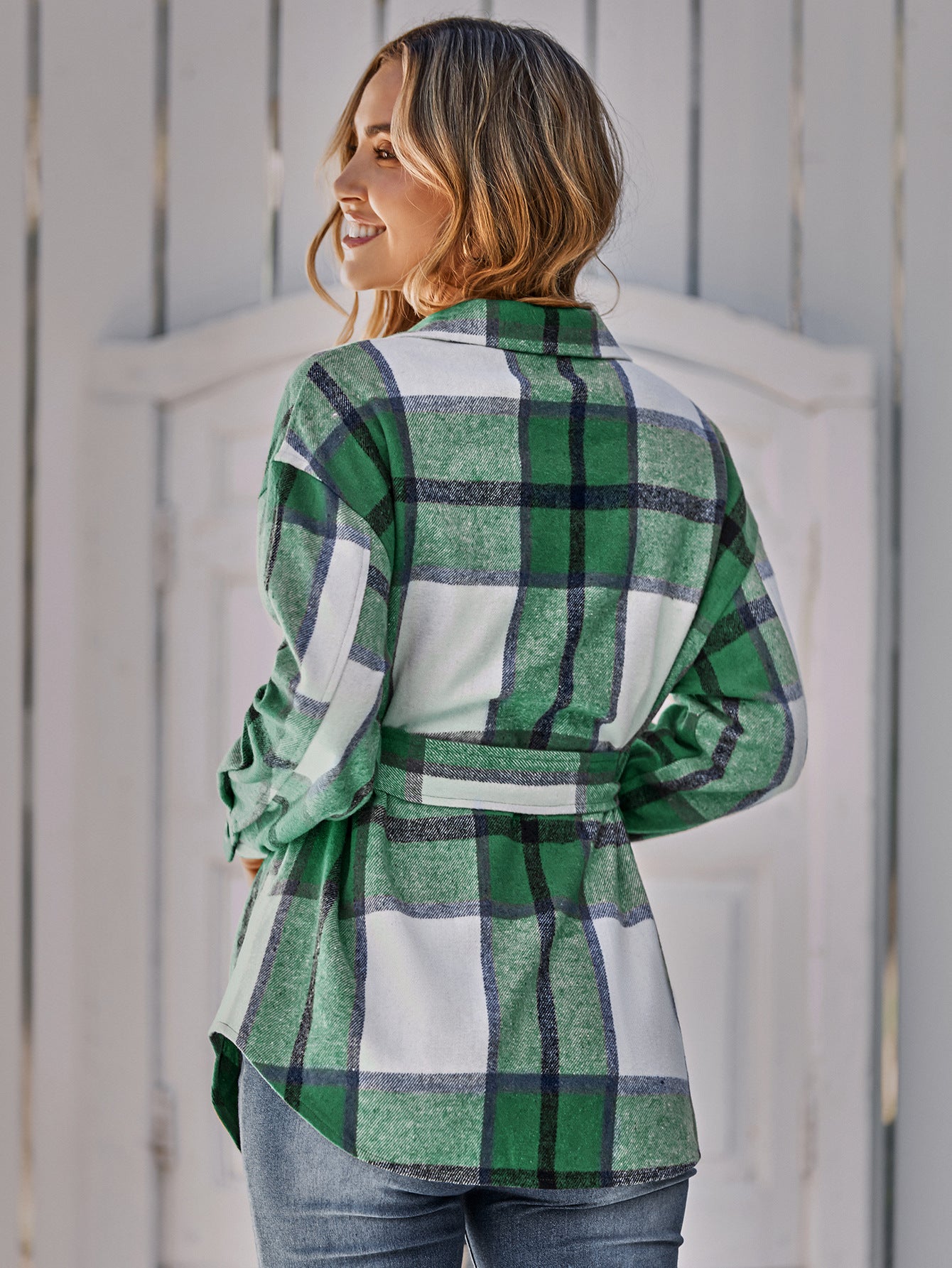 Plaid Belted Dropped Shoulder Shirt Jacket