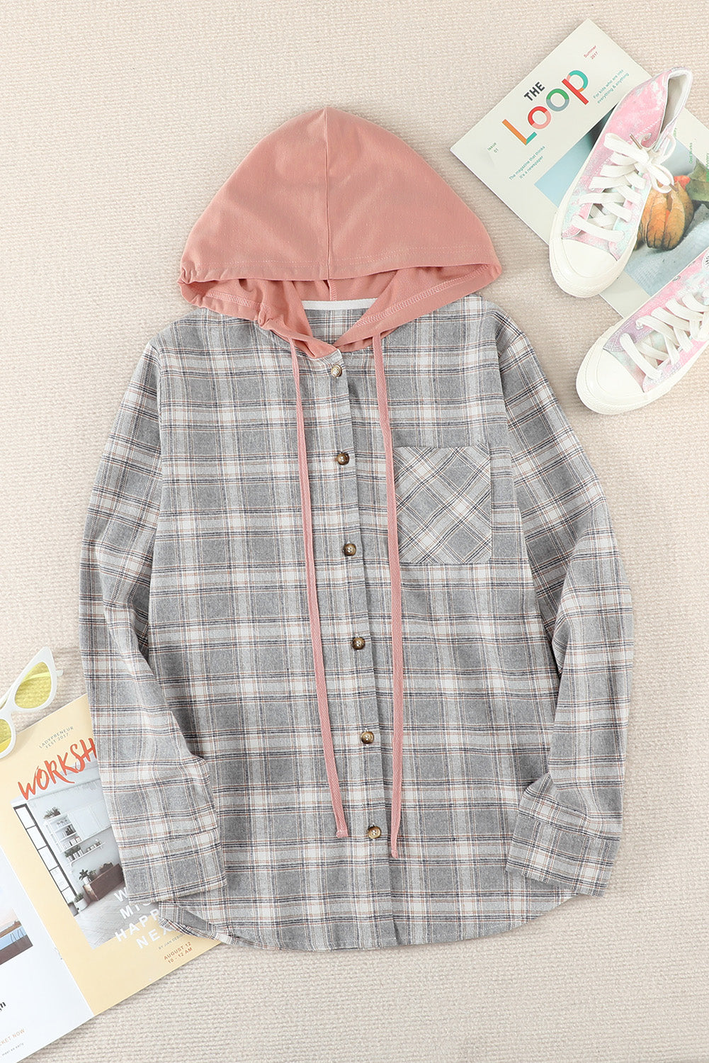 Plaid Drawstring Hooded Shirt Jacket