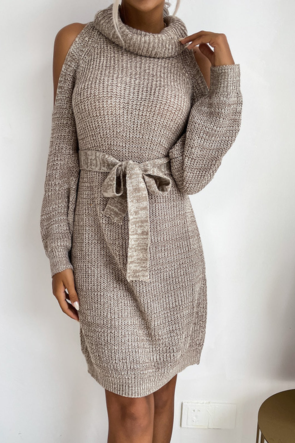 Cold Shoulder Turtleneck Sweater Dress - Minihomy