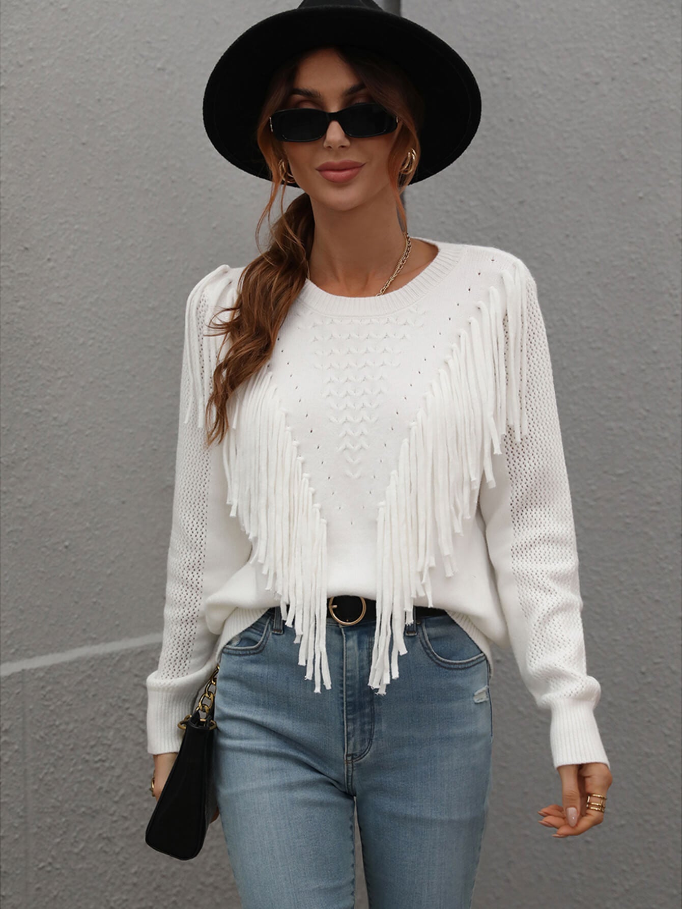 Fringe Detail Ribbed Trim Sweater - Minihomy