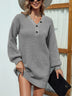 Buttoned V-Neck Dropped Shoulder Sweater Dress - Minihomy