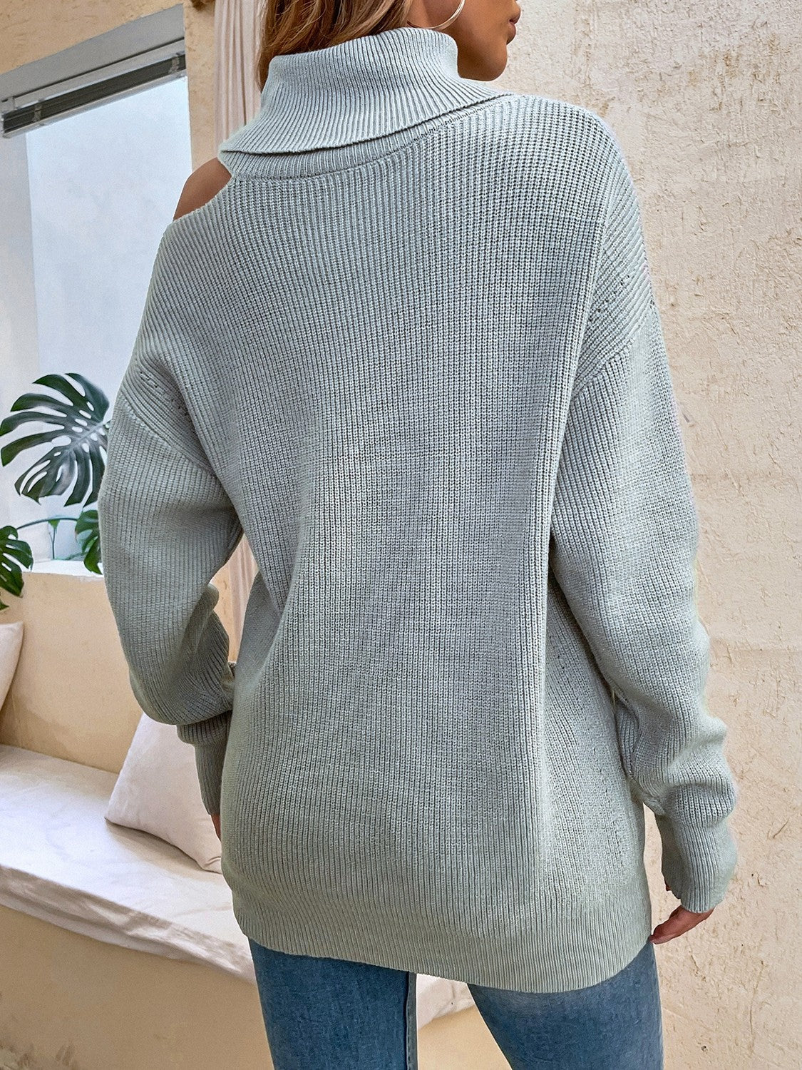 Cold-Shoulder Turtleneck Rib-Knit Sweater