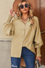 Smocked Lantern Sleeve High-Low Shirt