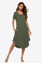 Curved Hem V-Neck T-Shirt Pocket Dress - Minihomy