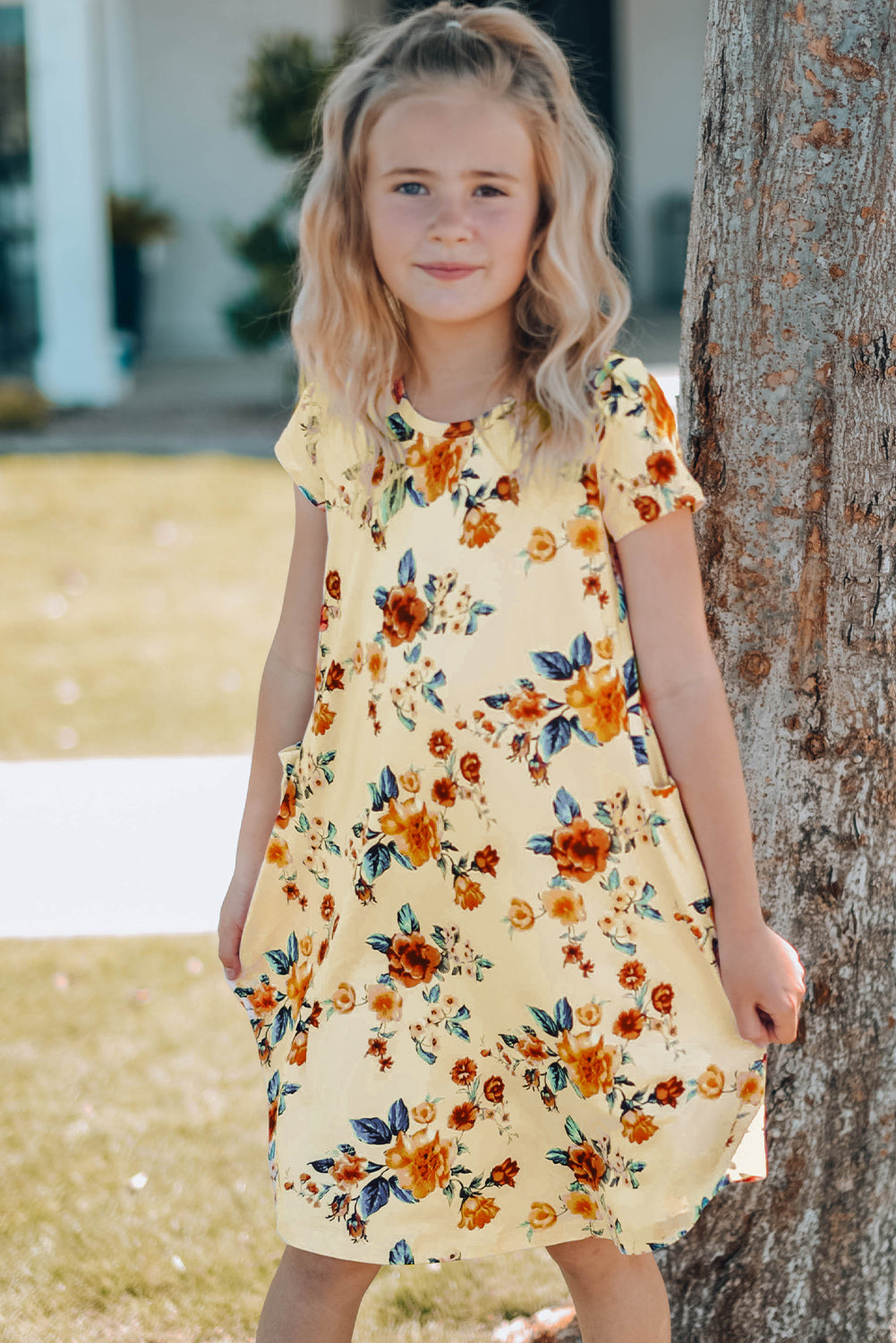 Girls Floral Round Neck Short Sleeve Dress with Pockets - Minihomy