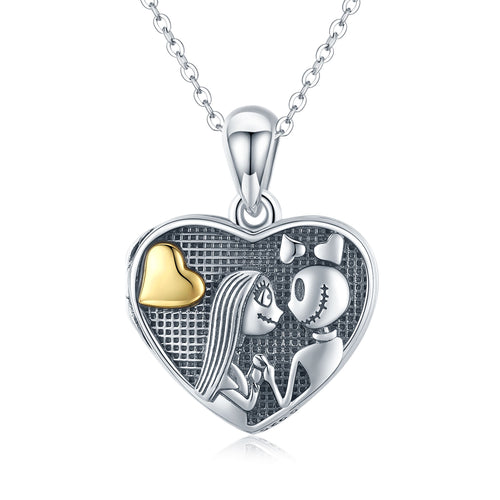 925 Sterling Silver Jack Skellington and Sally Heart Necklace That Holds Pictures Jewelry Gift for Women Gilrfriend Christmas
