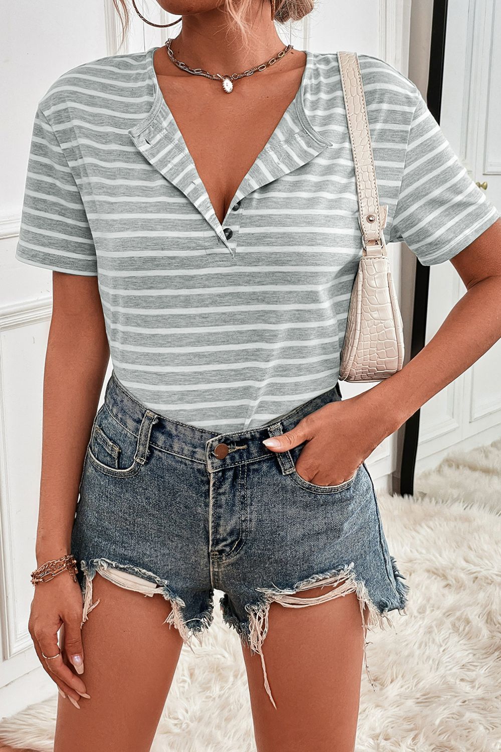 Striped Quarter Button Tee Shirt