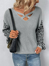 Leopard Lantern Sleeve Crisscross Sweater