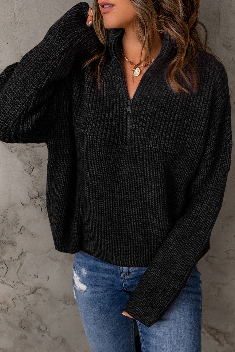 Half Zip Rib-Knit Dropped Shoulder Sweater - Minihomy